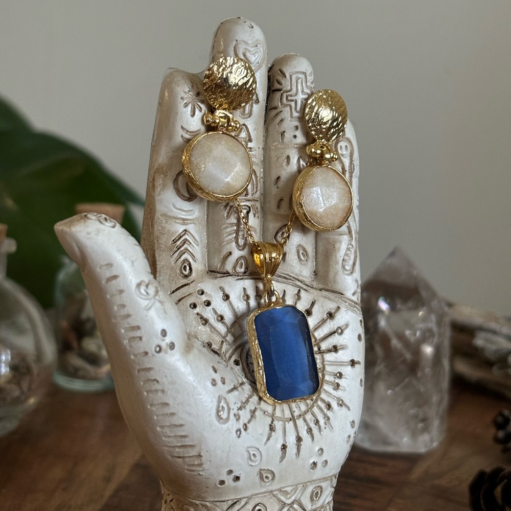 Gold and Blue Statement Necklace and Cream Gold Earrings Set